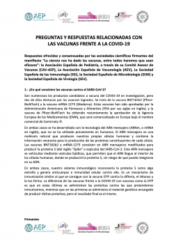 Manifiesto a favor de vacunación frente a SARS-CoV2 y documento de preguntas y respuestas sobre la vacuna Asociación Española de Pediatría