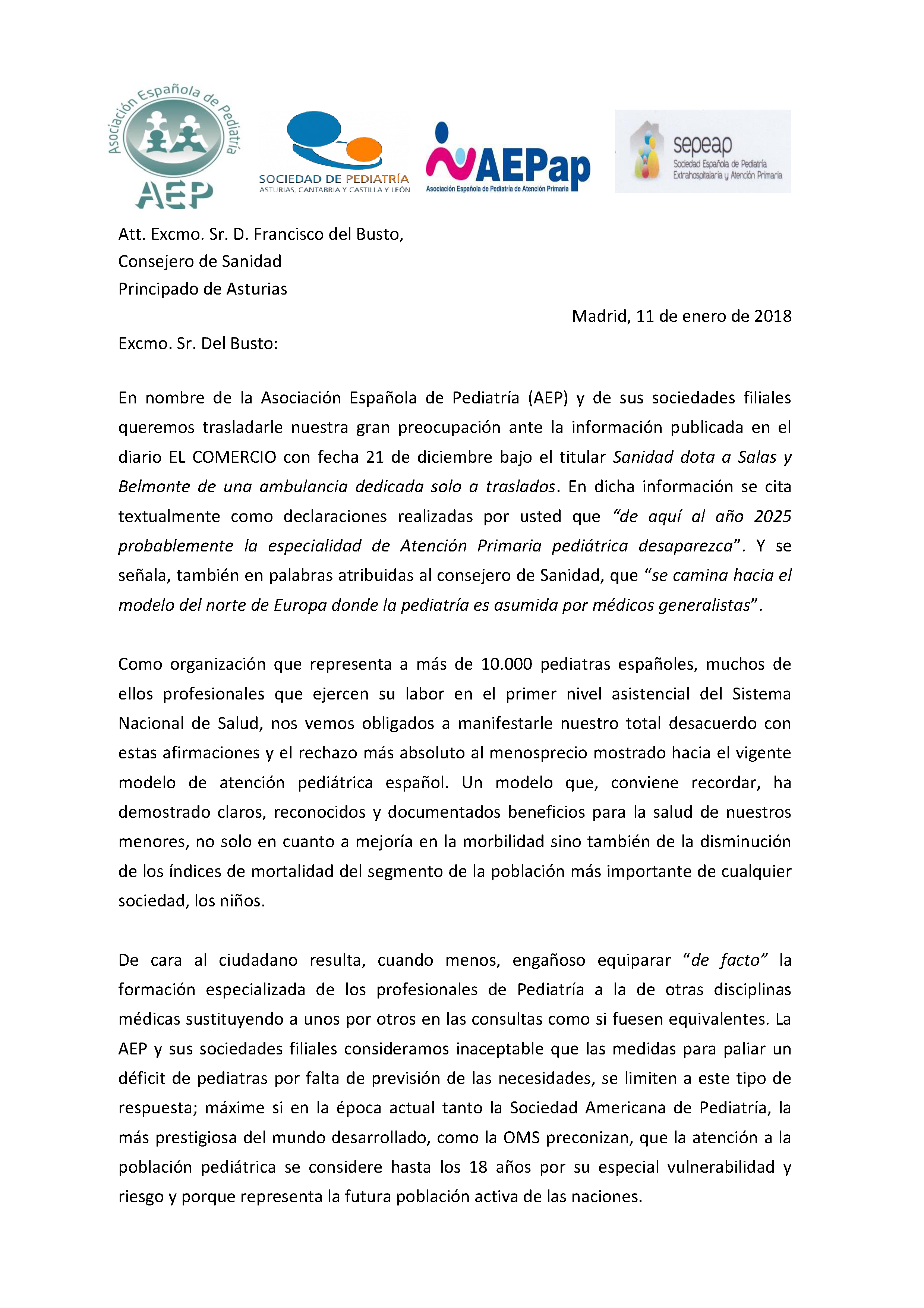 Carta De La Aep Al Consejero De Sanidad Del Principado De Asturias Asociacion Espanola De Pediatria
