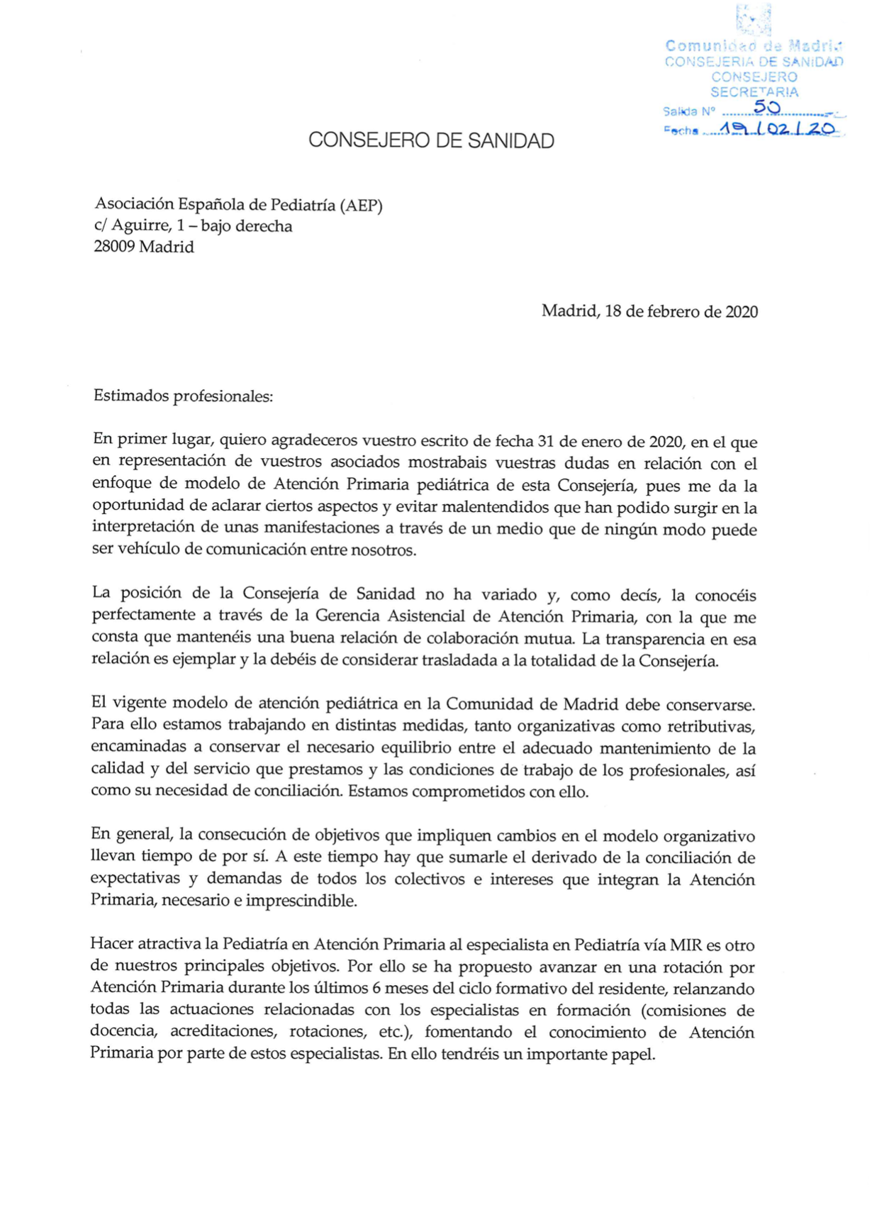 Respuesta de la Consejería de Sanidad de la Comunidad de Madrid a la carta  de apoyo de la AEP al modelo de Atención Primaria | Asociación Española de  Pediatría