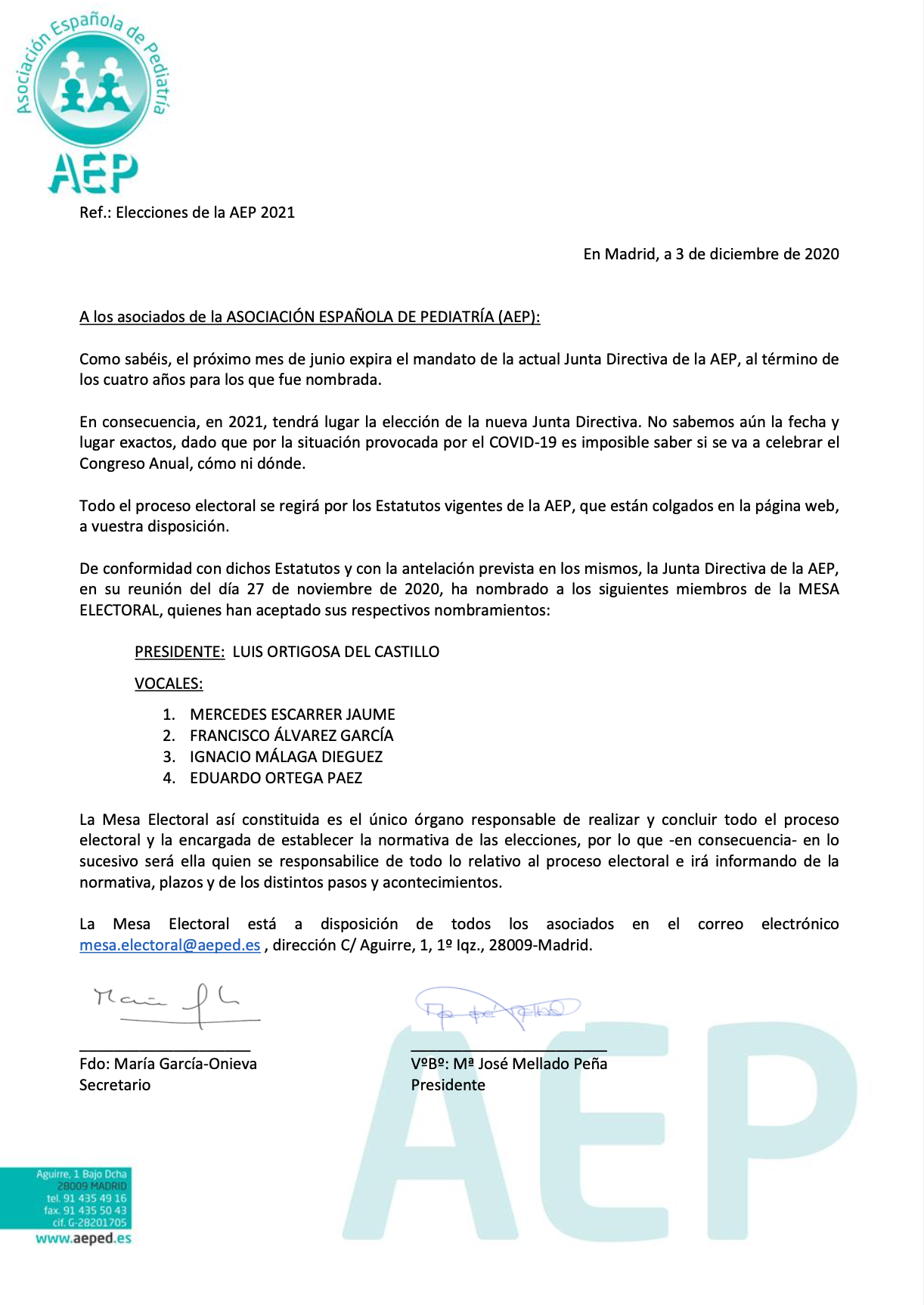 Información para socios de la AEP: Composición de la mesa electoral 2021 | Asociación Española de Pediatría