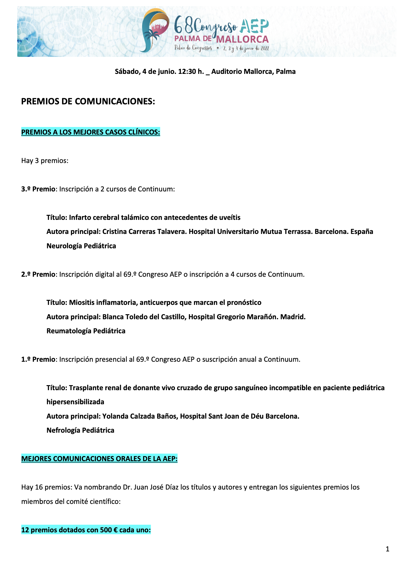 Premios a las mejores comunicaciones del 68 Congreso de la AEP 2022